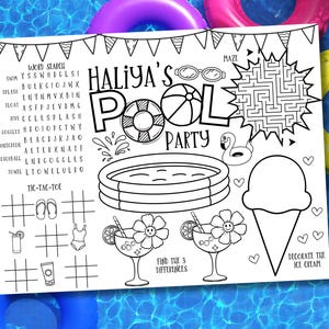 Pool Party Activity Sheet, Summer Birthday Party Favor,  Kids Pool Party Placemat, Pool Party Coloring, Kids Coloring Pages, Pool Birthday