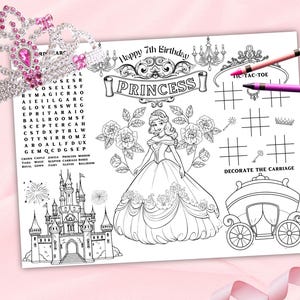 Prinses kleurplaat placemat, gepersonaliseerde sprookjesfeestactiviteit, kleurplaat kinderen, kleurplaat prinses, thema gunst prinses