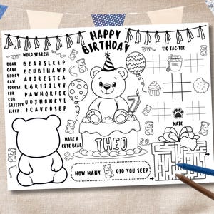 Printable Bear Theme Coloring Placemat, Teddy Bear Activity Sheet, Teddy Bear Coloring Page, Little Bear Birthday, Bear Placemat, Bear Party