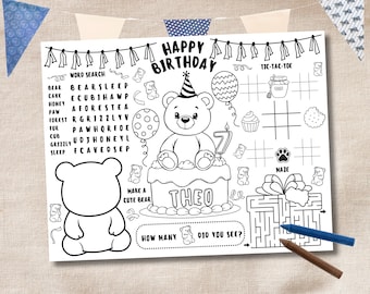 Afdrukbare placemat berenthema kleurplaat, speelblad teddybeer, kleurplaat teddybeer, verjaardag kleine beer, verjaardag beer, placemat beer, berenfeestje
