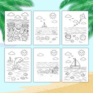 Pu&ograve; includere: Sei pagine da colorare in bianco e nero con scene di spiaggia. Ogni pagina presenta un tema spiaggia diverso, tra cui conchiglie, granchi, barche, delfini, aquiloni e soli sorridenti. Le pagine sono ambientate su uno sfondo di foglie di palma e sabbia.