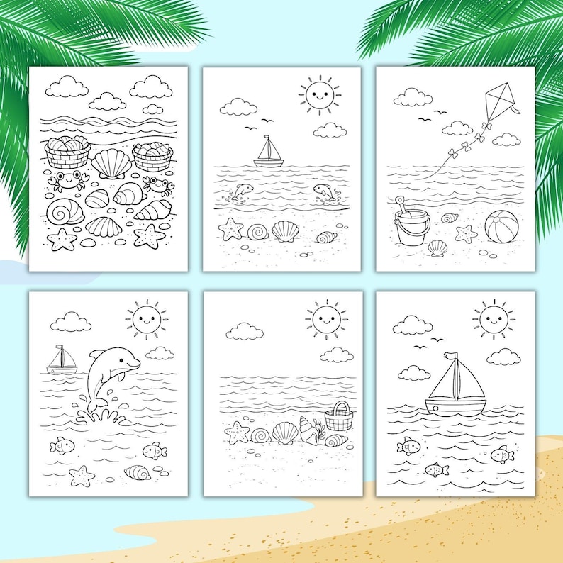 Pu&ograve; includere: Sei pagine da colorare in bianco e nero con scene di spiaggia. Ogni pagina presenta un tema spiaggia diverso, tra cui conchiglie, granchi, barche, delfini, aquiloni e soli sorridenti. Le pagine sono ambientate su uno sfondo di foglie di palma e sabbia.