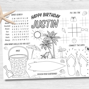 Printable Beach Coloring Placemat, Beach Party Games, Summer Coloring Page, Summer Party Games, Kids Party Favors, Kids Coloring Pages