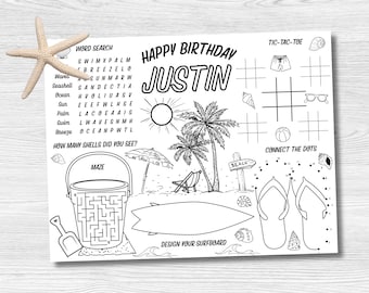 Printable Beach Coloring Placemat, Beach Party Games, Summer Coloring Page, Summer Party Games, Kids Party Favors, Kids Coloring Pages