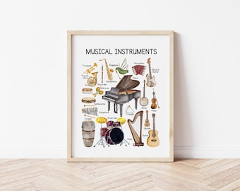 Póster de instrumentos musicales, póster educativo para niños, decoración de pared para habitación infantil, tabla de instrumentos musicales, aprendizaje de instrumentos Montessori