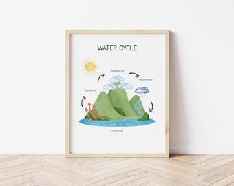 Tabla imprimible del ciclo del agua para niños, póster del ciclo del agua, láminas educativas Montessori, lámina del ciclo vital del agua, aprendizaje preescolar
