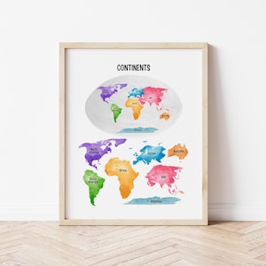 Mapa-múndi infantil para impressão, pôster educativo, arte de parede Montessori, decoração de parede para sala de jogos, aprendizagem em casa, mapa-múndi, impressão de continentes