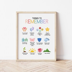 May include: A framed print with the words "THINGS TO REMEMBER" in colourful letters. The print features various illustrations and positive affirmations, including a heart, footprints, and a star. The print is in a light wood frame.