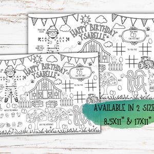 Puede incluir: P&aacute;gina para colorear imprimible en blanco y negro con un tema de granja con un granero, animales y un espantap&aacute;jaros. La p&aacute;gina incluye un mensaje de cumplea&ntilde;os que dice "Feliz cumplea&ntilde;os Ysabell" y varias actividades como un laberinto, tres en raya y un juego de "cu&aacute;ntos puedes encontrar". Disponible en dos tama&ntilde;os: 8,5 x 11 pulgadas y 17 x 11 pulgadas.
