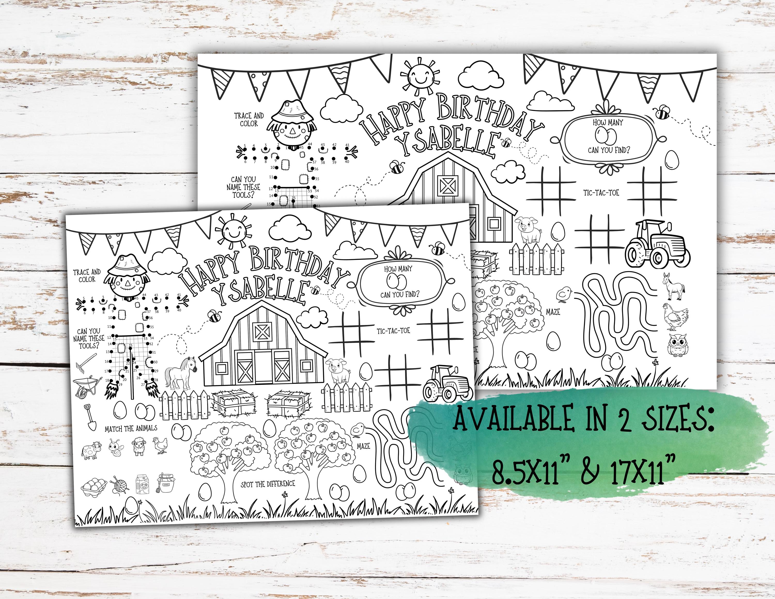 Puede incluir: P&aacute;gina para colorear imprimible en blanco y negro con un tema de granja con un granero, animales y un espantap&aacute;jaros. La p&aacute;gina incluye un mensaje de cumplea&ntilde;os que dice "Feliz cumplea&ntilde;os Ysabell" y varias actividades como un laberinto, tres en raya y un juego de "cu&aacute;ntos puedes encontrar". Disponible en dos tama&ntilde;os: 8,5 x 11 pulgadas y 17 x 11 pulgadas.