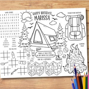 May include: A black and white printable activity sheet for a camping themed birthday party. The sheet includes a word search, a tic-tac-toe game, a find the differences game, a design your backpack activity, and a campfire maze. The sheet also includes a tent, a campfire, a compass, a flashlight, a water bottle, a map, a first aid kit, a sleeping bag, a lantern, a marshmallow, a backpack, and a pair of hiking boots.
