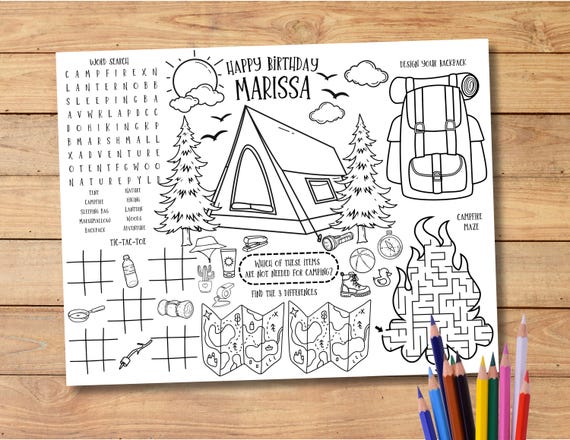 Camping Coloring Placemat, Camping Party Activity Page, Camping Birthday Party, Kids Coloring Pages, Camp Out Party Favor, Sleepover Party