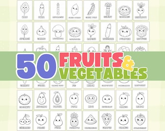 50 pagine da colorare di frutta e verdura, libro da colorare di frutta, tovaglietta da colorare di verdure, foglio da colorare di frutta kawaii, pagina da colorare per bambini