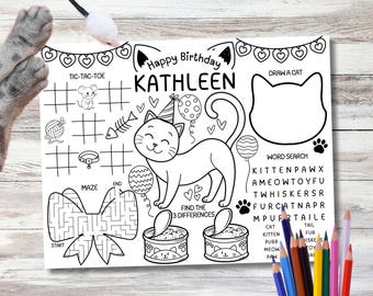 Custom Cat Birthday Party Activity Sheet, Cat Birthday Coloring, Personalized Kitten Party Games, Cat Theme Party Favor, Kitten Coloring