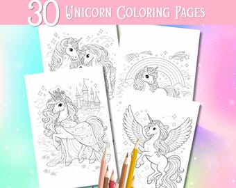 30 Unicorn Coloring Pages, Printable Coloring Pages, Unicorns Coloring Book, Kids Coloring Book, Unicorn Birthday, Unicorn Theme Party