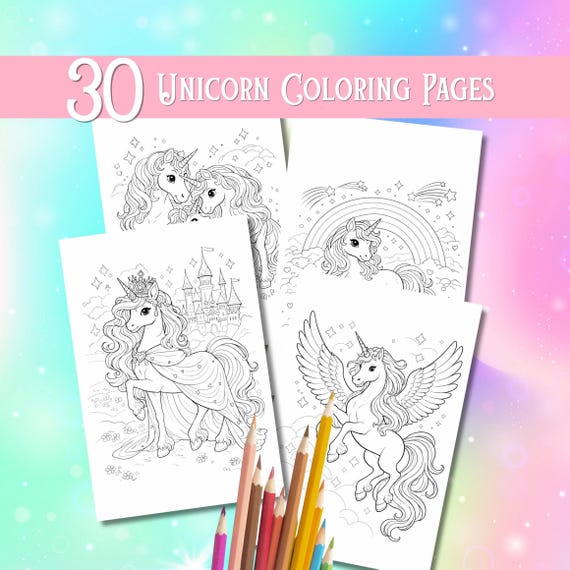 30 Unicorn Coloring Pages, Printable Coloring Pages, Unicorns Coloring Book, Kids Coloring Book, Unicorn Birthday, Unicorn Theme Party