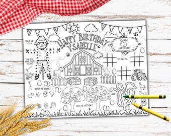 Farm Animals Coloring Placemat, Printable Kids Barn Farm Animals Birthday Placemat, Barnyard Party Activity, Barnyard Coloring Placemat