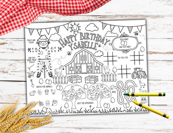 Farm Animals Coloring Placemat, Printable Kids Barn Farm Animals Birthday Placemat, Barnyard Party Activity, Barnyard Coloring Placemat