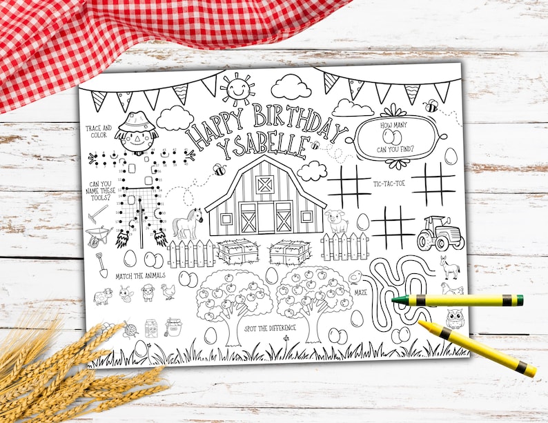 Puede incluir: Una p&aacute;gina para colorear imprimible en blanco y negro con un tema de granja. La p&aacute;gina presenta un granero, animales, un espantap&aacute;jaros y un laberinto. El texto "Happy Birthday Ysabell" est&aacute; en la parte superior de la p&aacute;gina.