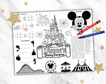 Disneyland Party Placemat, Disneyland Coloring Activity Sheet, Theme Park Birthday Party Games, Kids Coloring Page, Disneyland Birthday
