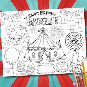 Bearbeitbares Zirkus-Tischset, Karneval-Malseite, Zirkus-Tischset, Zirkus-Geburtstag, Kirmes-Tätigkeitsmatte, Karneval-Tischset