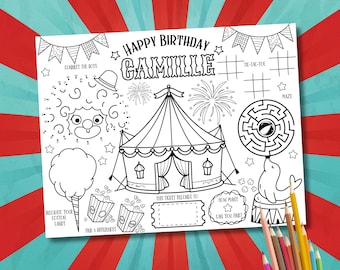 Editable Circus Placemat, Carnival Coloring Page, Circus Coloring Placemat, Circus Birthday, County Fair Activity Mat, Carnival Placemat