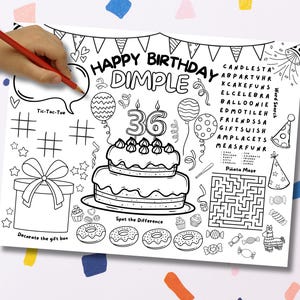 Può includere: Un foglio di attività di compleanno stampabile in bianco e nero per un bambino che compie 36 anni. Il foglio presenta una torta di compleanno, palloncini, una ricerca di parole, un gioco del tris, un labirinto di piñata e un gioco di trova le differenze. Il foglio dice "Buon compleanno Dimple".