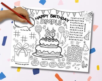 Personalized Printable Any Age Birthday Coloring Placemat, Birthday Craft Party Activity Sheet, Printable Games, Digital, Children's Party