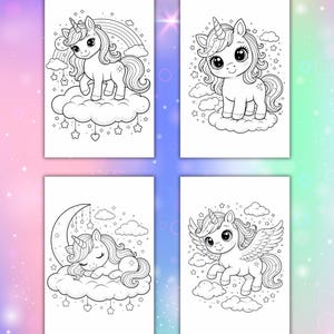 May include: Four black and white unicorn illustrations. One shows a unicorn with a rainbow, another a unicorn on a cloud, a third a sleeping unicorn, and the last a winged unicorn.