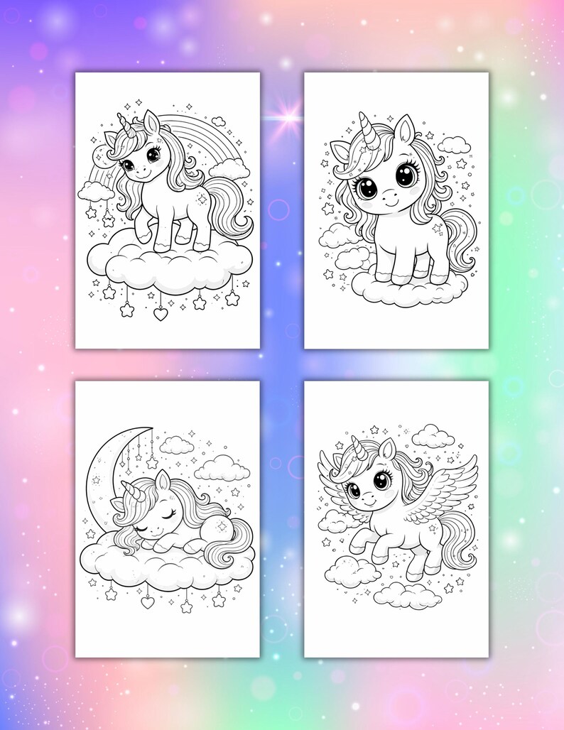 May include: Four black and white unicorn illustrations. One shows a unicorn with a rainbow, another a unicorn on a cloud, a third a sleeping unicorn, and the last a winged unicorn.