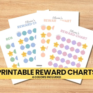 May include: Four pastel-coloured printable reward charts, each with a name and a series of circles and star graphics. The text "PRINTABLE REWARD CHARTS" and "4 COLORS INCLUDED" are displayed on a yellow banner.