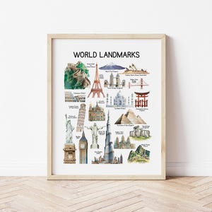 Printable World Landmarks Educational Poster, World Map Digital Download, Famous Landmarks Around the World, Learning Montessori Materials
