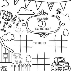 Puede incluir: Juego de fiesta de cumplea&ntilde;os imprimible en blanco y negro con un tablero de tres en raya, un granero, un cerdo, una valla y huevos. El texto "&iquest;Cu&aacute;ntos puedes encontrar?" est&aacute; escrito en un bocadillo.