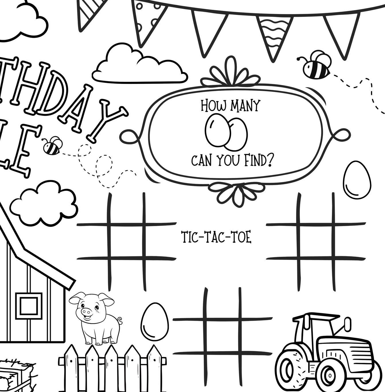 Puede incluir: Juego de fiesta de cumplea&ntilde;os imprimible en blanco y negro con un tablero de tres en raya, un granero, un cerdo, una valla y huevos. El texto "&iquest;Cu&aacute;ntos puedes encontrar?" est&aacute; escrito en un bocadillo.