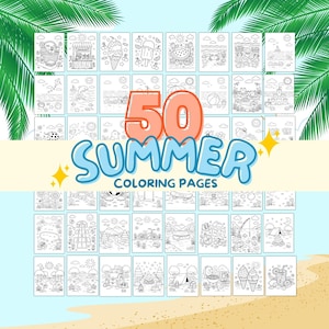 50 Summer Coloring Pages, Summer Coloring Book, Summer Activity Sheets, Summer Activities, Kids Coloring Pages, Tropical Beach Party Favors