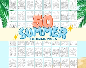 50 Summer Coloring Pages, Summer Coloring Book, Summer Activity Sheets, Summer Activities, Kids Coloring Pages, Tropical Beach Party Favors