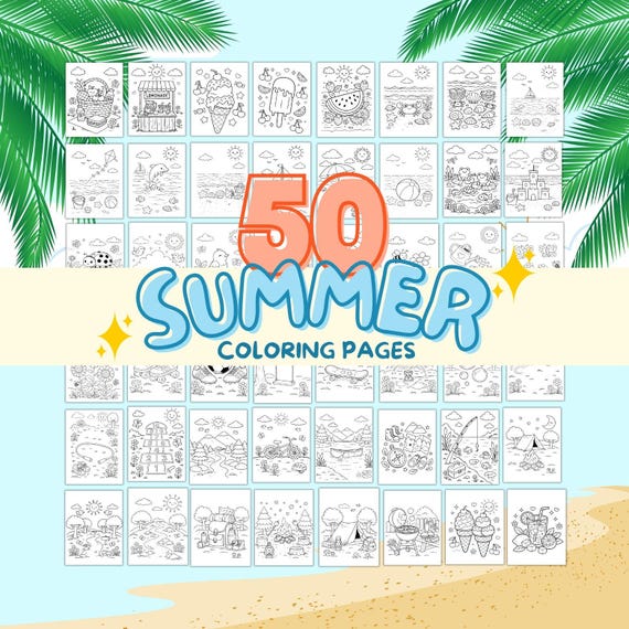 50 Summer Coloring Pages, Summer Coloring Book, Summer Activity Sheets, Summer Activities, Kids Coloring Pages, Tropical Beach Party Favors