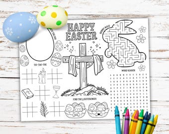 May include: A black and white printable Easter activity sheet with a bunny maze, word search, tic-tac-toe game, and a find the differences game. The sheet also features a cross with a banner that says "Happy Easter".