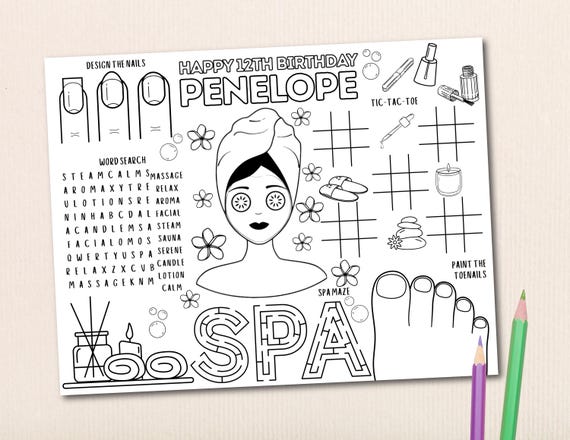 Personalized Spa Coloring Placemat, Spa Party Activity, Spa Birthday Party Games, Birthday Party Favors, Pamper Makeup Party Activity Sheet