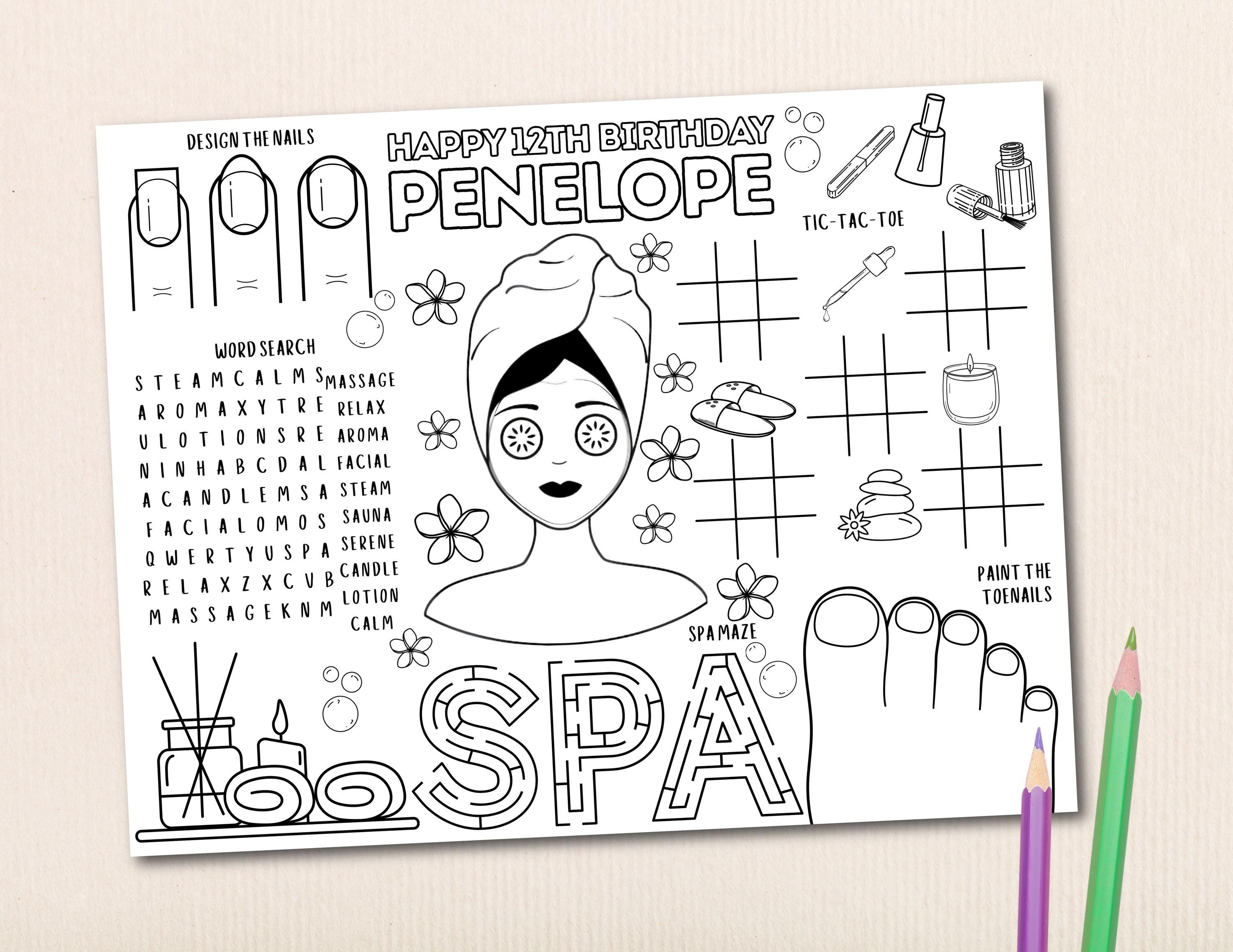 Personalized Spa Coloring Placemat, Spa Party Activity, Spa Birthday Party Games, Birthday Party Favors, Pamper Makeup Party Activity Sheet