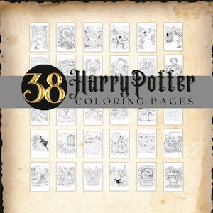 Könnte beinhalten: Eine Sammlung von 38 Harry Potter Malvorlagen. Die Seiten zeigen Schwarz-Weiß-Illustrationen von Szenen und Charakteren aus der Harry Potter-Reihe. Der Titel wird in einem goldenen und schwarzen Kreisdesign angezeigt.
