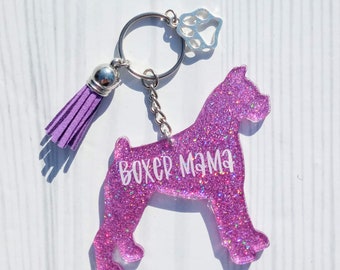 Custom Boxer Dog Mama Glitter Keychain.