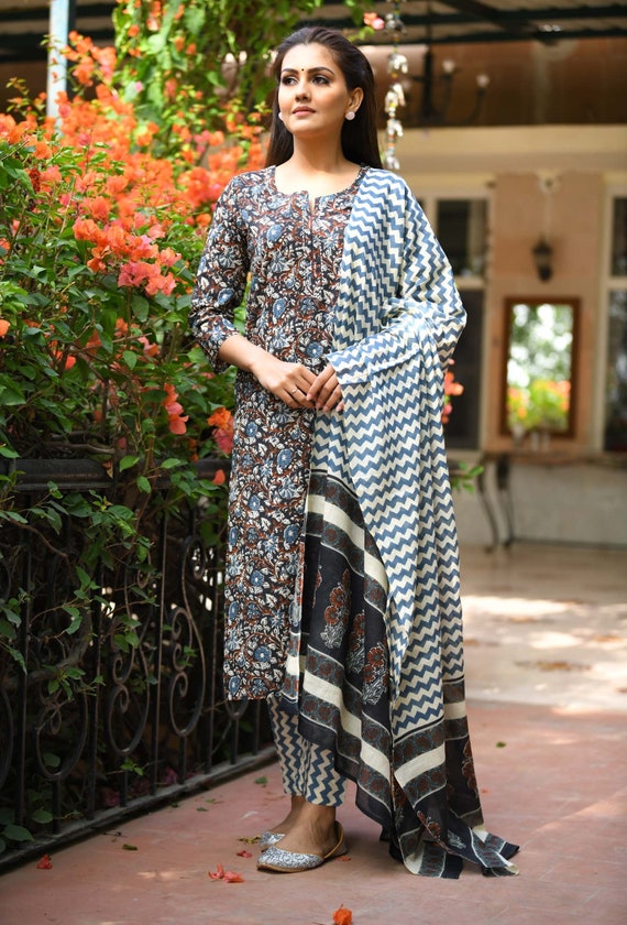 Cotton Black Kurta Pant With Dupatta 
