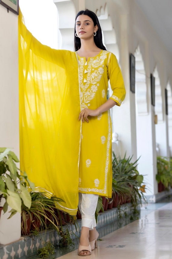 Yellow Cotton Long Kurti for Women