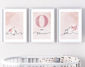 Personalised Nursery Prints (Digital). Music Themed Wall Art. Set of 3, Baby Girl Shower Gift with personalised name.