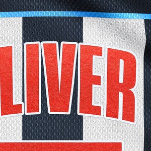 May include: A red and white jersey with the word "OLIVER" printed in large, bold red letters on the front.