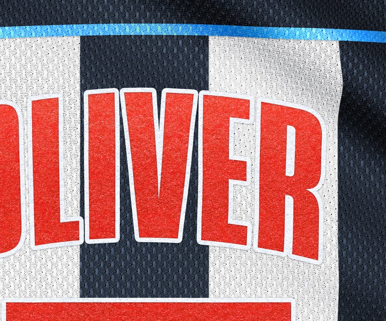 May include: A red and white jersey with the word "OLIVER" printed in large, bold red letters on the front.
