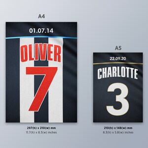 May include: Two black and white jersey designs with numbers and names. The A4 size jersey is black and white striped with the name "OLIVER" and the number "7" in red. The A5 size jersey is black with the name "CHARLOTTE" and the number "3" in white. The jerseys are 11.7 inches by 8.3 inches and 8.3 inches by 5.8 inches.