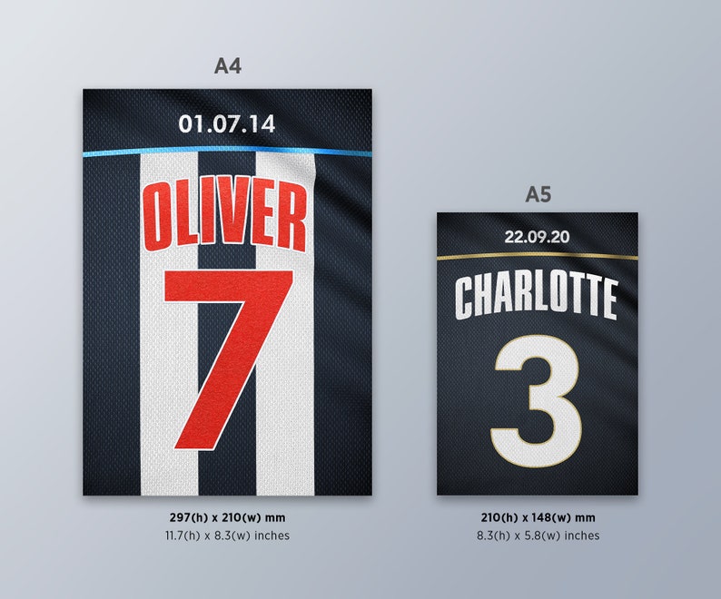 May include: Two black and white jersey designs with numbers and names. The A4 size jersey is black and white striped with the name "OLIVER" and the number "7" in red. The A5 size jersey is black with the name "CHARLOTTE" and the number "3" in white. The jerseys are 11.7 inches by 8.3 inches and 8.3 inches by 5.8 inches.