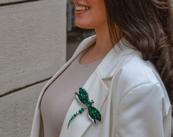 Vert libellule malachite émeraude pierres naturelles perlé broche broche incroyable cadeau pour son cadeau de broderie libellules bijoux pour femme